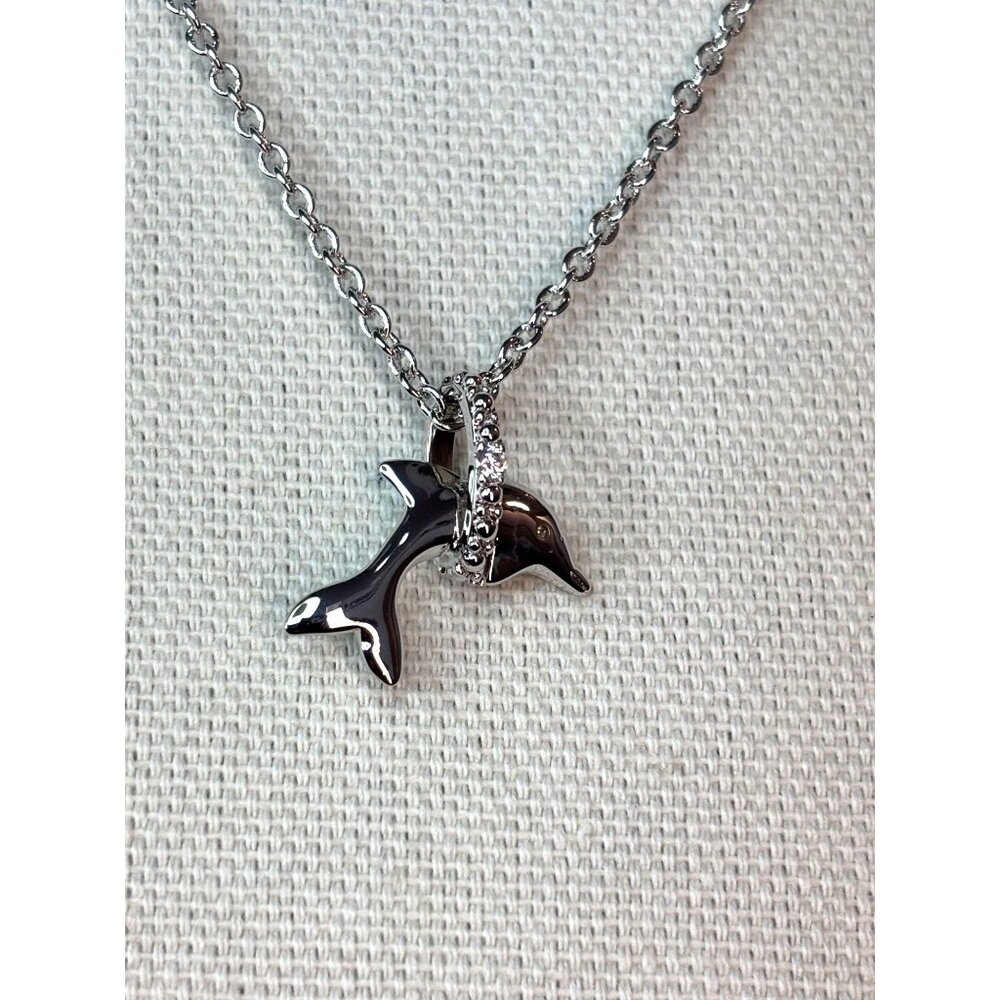 Silver Cubic Zirconia Dolphin Pendant Necklace